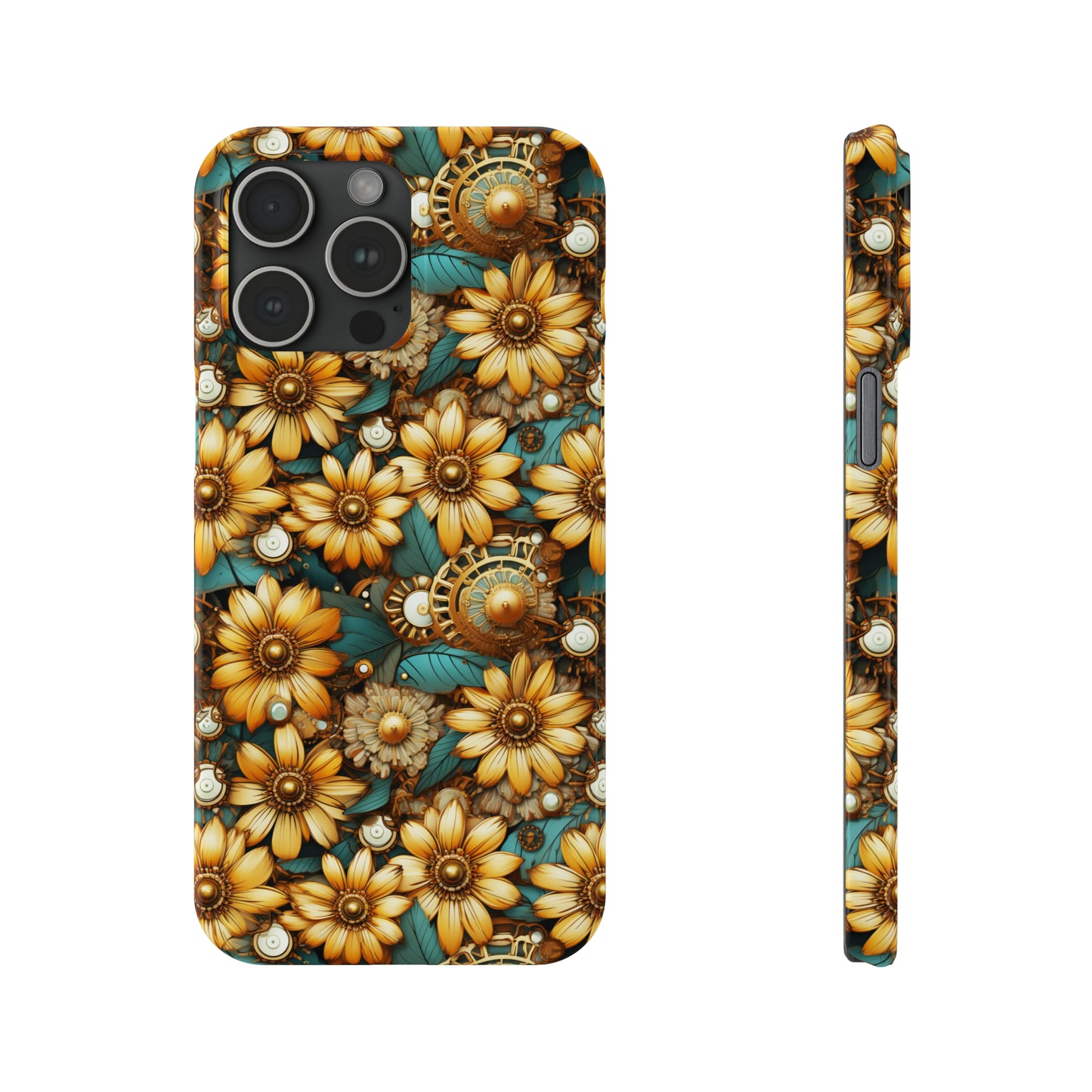 Victorian Steampunk Gold Flowers Teal Background with Gears and Mechanical Elements Iphone 15-12 Slim Phone Case