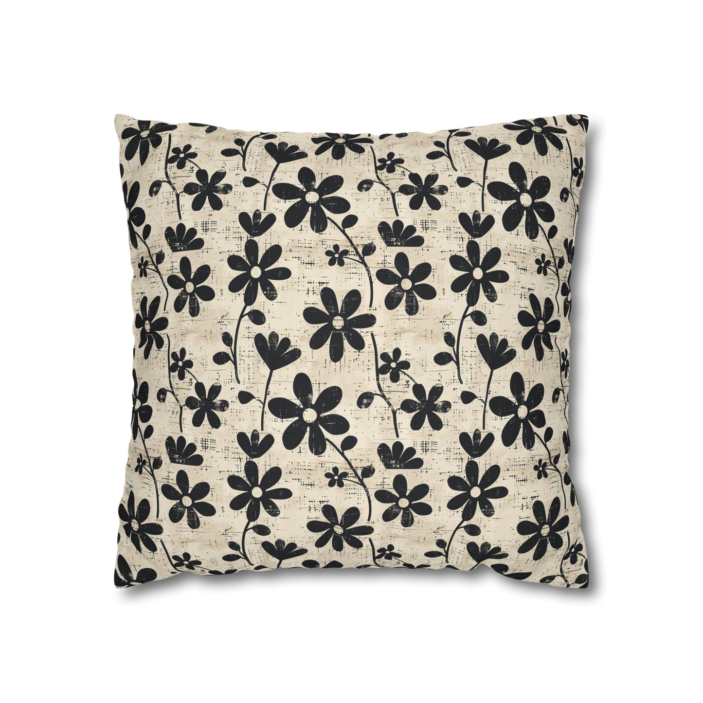 Distressed Black Floral on Beige Background Spun Polyester Square Pillowcase 4 Sizes