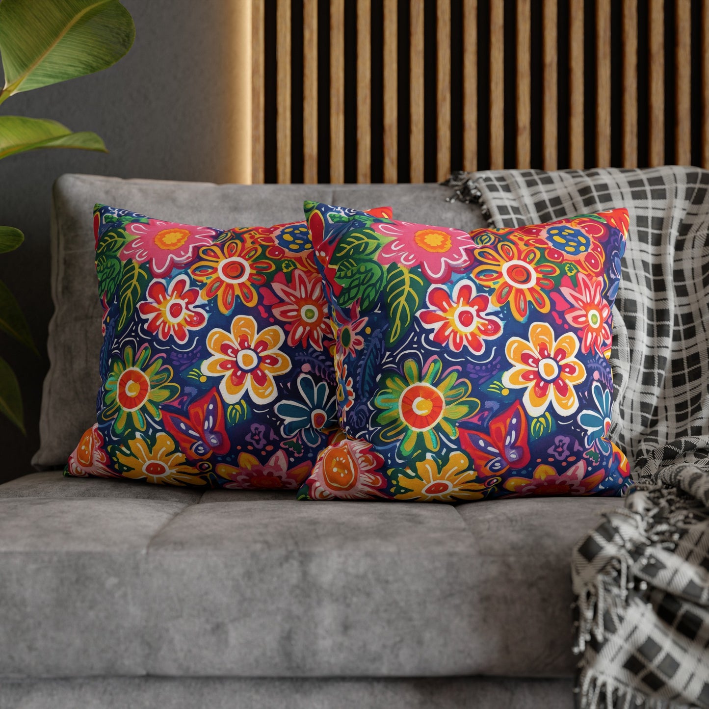 Fluttering Kaleidoscope: Vibrant Multicolor Flowers and Butterflies in Flight Spun Polyester Square Pillowcase 4 Sizes