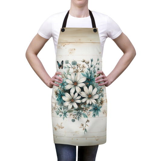 Rustic Charm Bouquet featuring Teal Accents White Wild Daisies with Butterflies  Kitchen Chef Apron