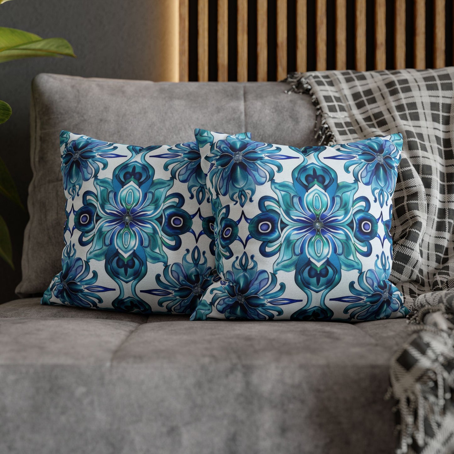 Blossom Symphony of Blue Teal Intricate Floral Pattern Spun Polyester Square Pillowcase 4 Sizes