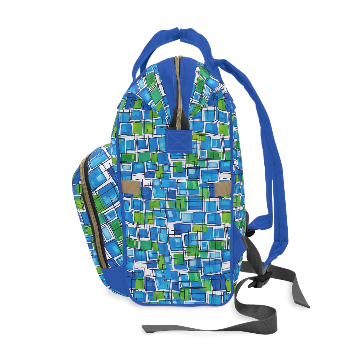 Abstract Interplay of Blue and Green Squares with Meandering Lines Multifunctional Diaper Backpack