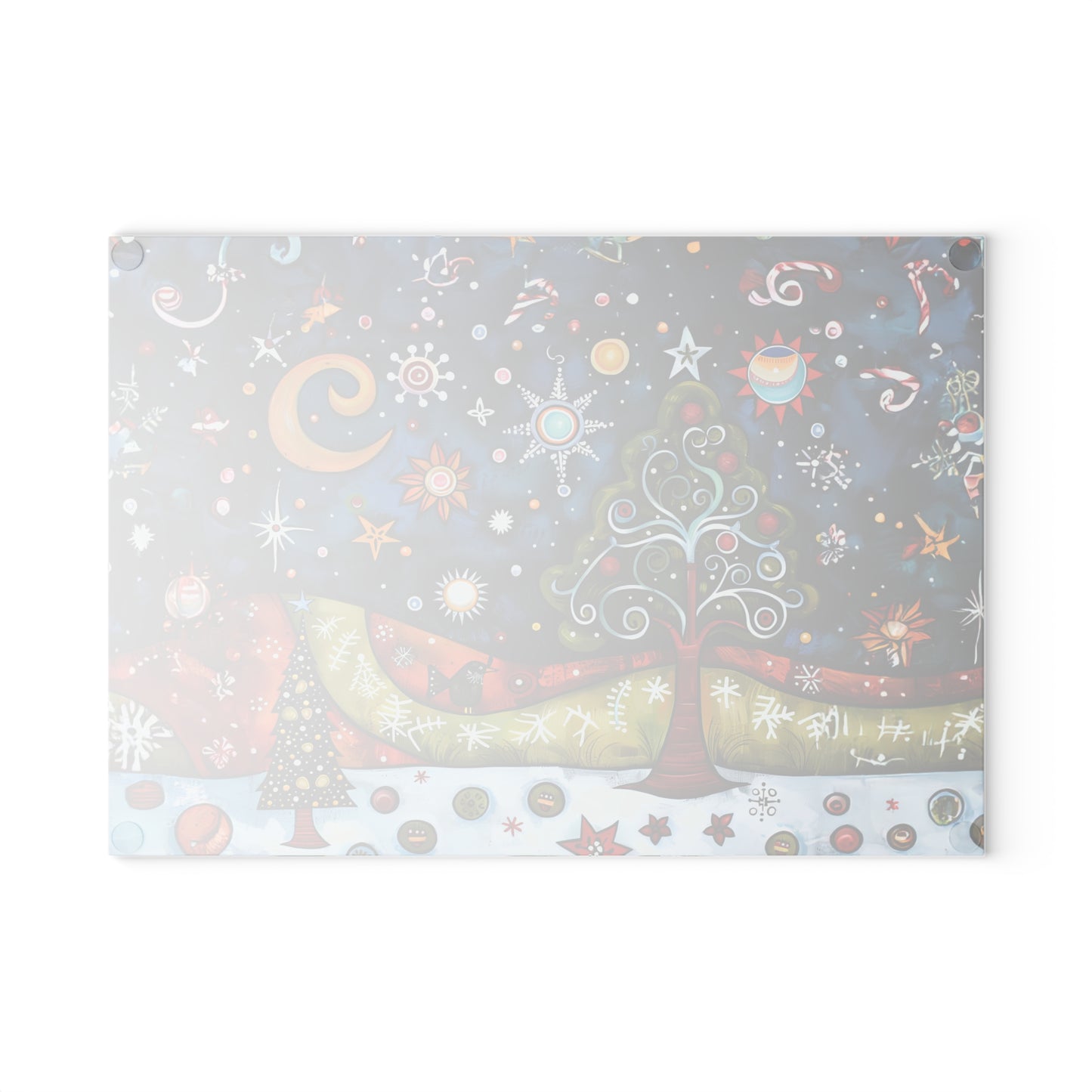 Whimsical Winter Village: Abstract Folk Art Christmas Scene Glass Cutting Board 2 Sizes