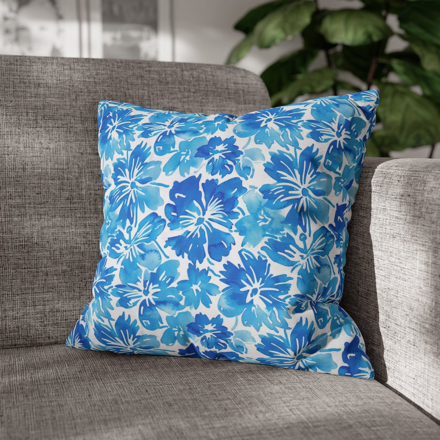 Tranquil Tropics: Soft Blue Tropical Flowers Spun Polyester Square Pillowcase 4 Sizes