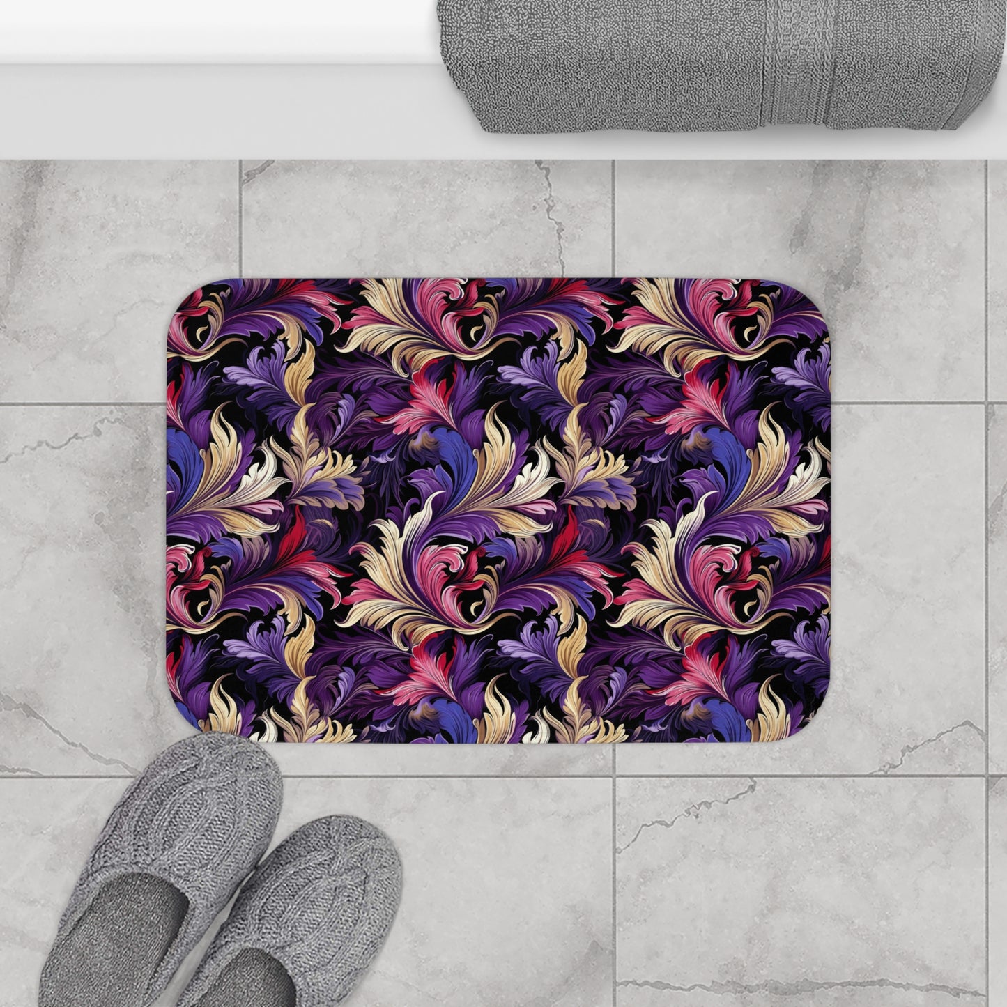 Purple, Gold & Pink Floral Swirls of Foliage Design  - Bathroom Non-Slip Mat 2 Sizes