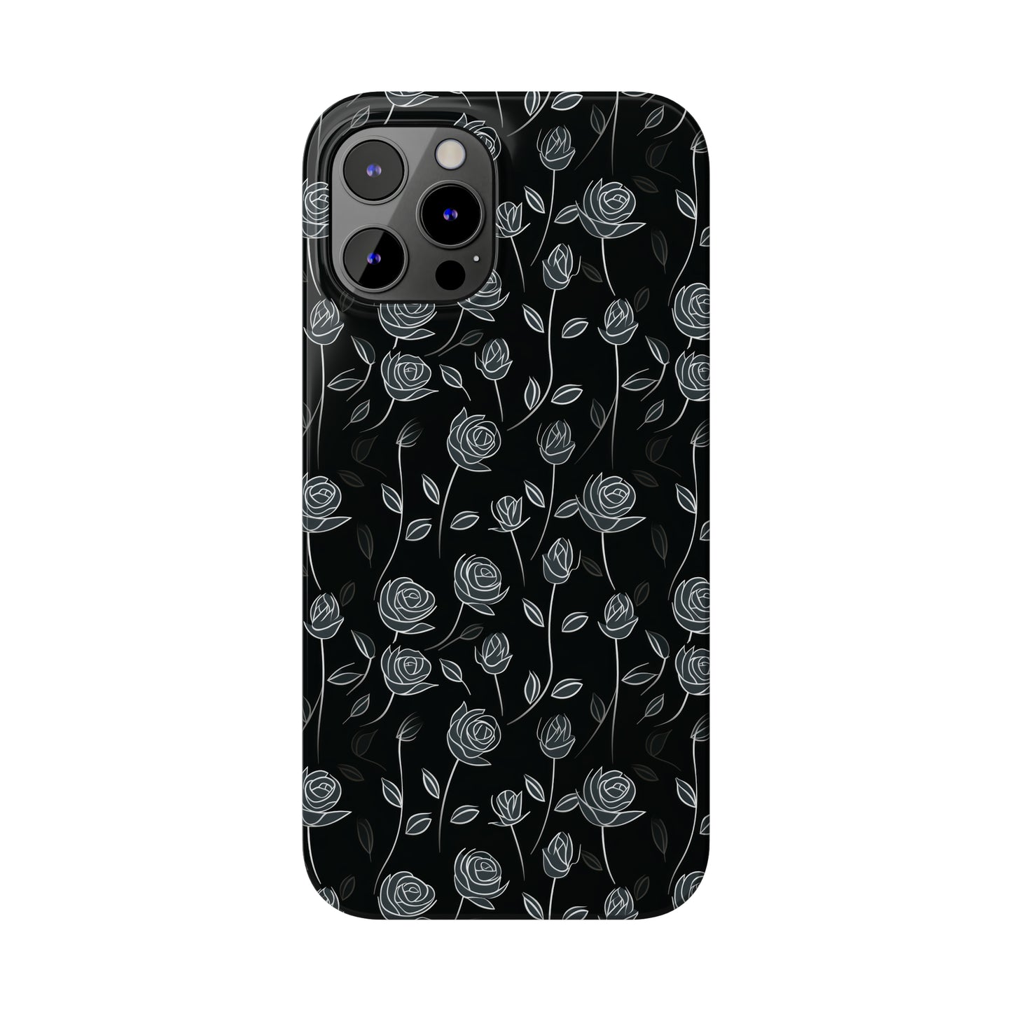 Contrasting Elegance: White Outlined Roses on a Black Background Iphone 15-12 Slim Phone Case