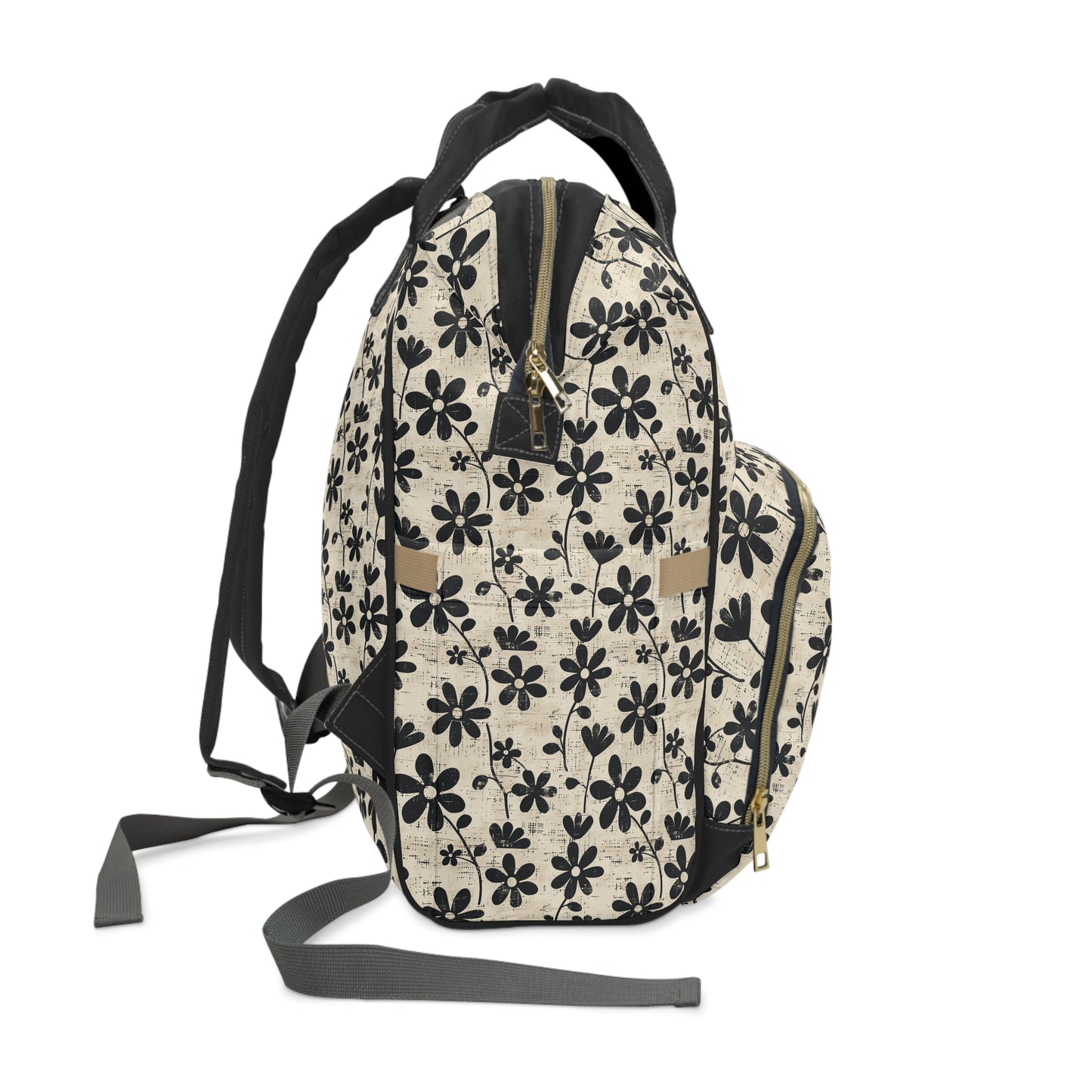 Distressed Black Floral on Beige Background Multifunctional Diaper Backpack