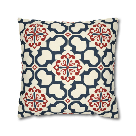 Traditional Korean Elegance in Bold Red and Navy Geometric Tile Pattern Spun Polyester Square Pillowcase 4 Sizes