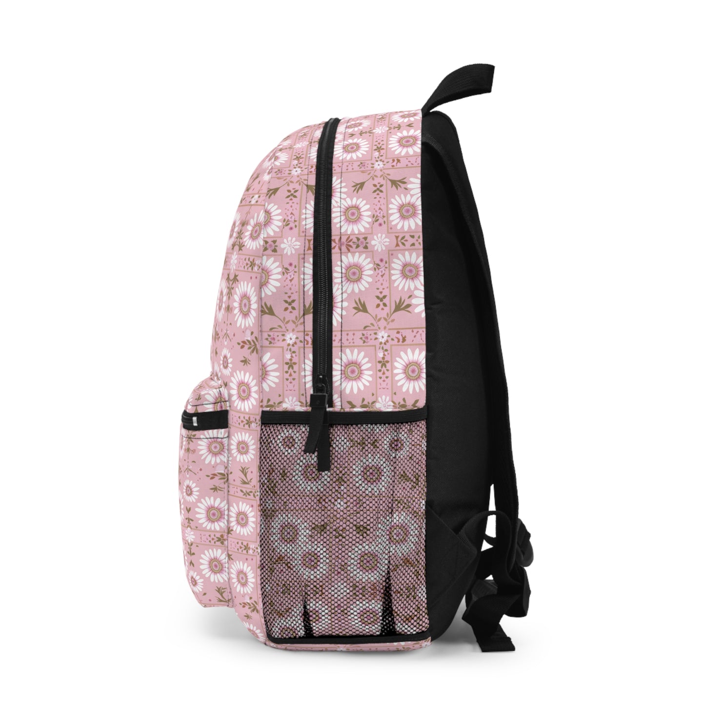 Charming Daisy Pink and White Floral Tile Pattern Lightweight Stylish Durable Backpack (Made in USA)