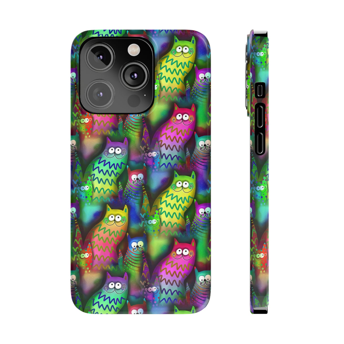 Neon Rainbow Cartoon Cats Iphone 15-12 Slim Phone Case