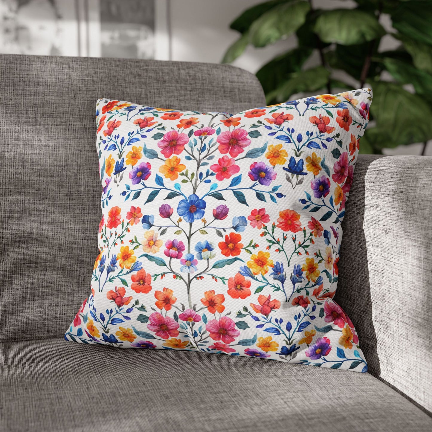 Botanical Symphony with Vibrant Watercolor Flowers  Spun Polyester Square Pillowcase 4 Sizes