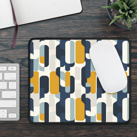 Modern Retro with Bold Geometric Pattern in Mustard and Navy Gaming Mouse Pad with Finished Edges