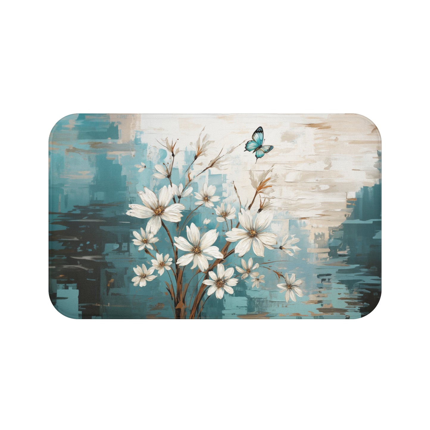 Rustic Farmhouse White and Teal Wild Daisies and Butterflies  - Bathroom Non-Slip Mat 2 Sizes