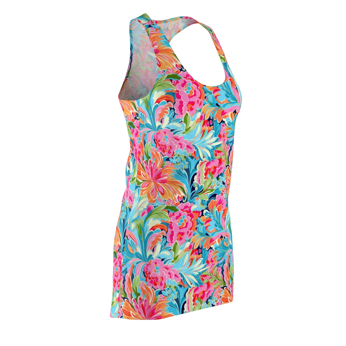 Tropical Radiance: Bursting Summer Blooms in Teal, Orange, and Pink Women's Racerback Dress XS - 2XL