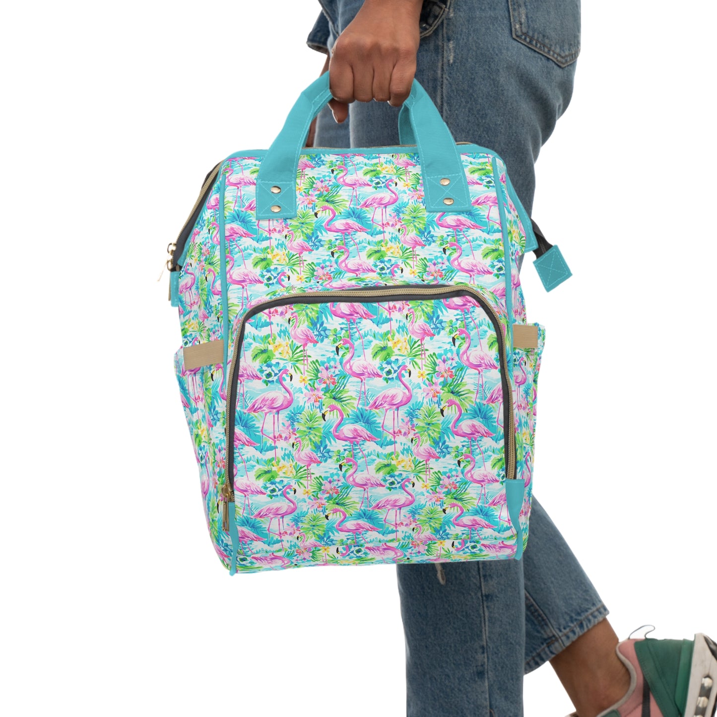 Tropical Flamingo Haven: Surrounded by Flowers and Palm Trees Multifunctional Diaper Backpack