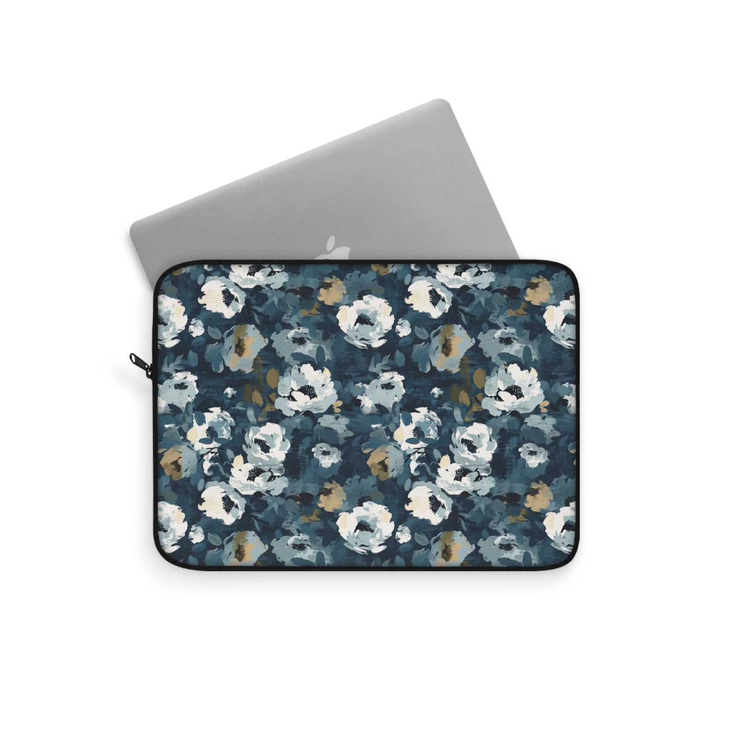 Chic and Artistic Floral Blooms in Shades of Navy, Gray, and Soft Gold Pattern Laptop or Ipad Protective Sleeve 3 Sizes Available