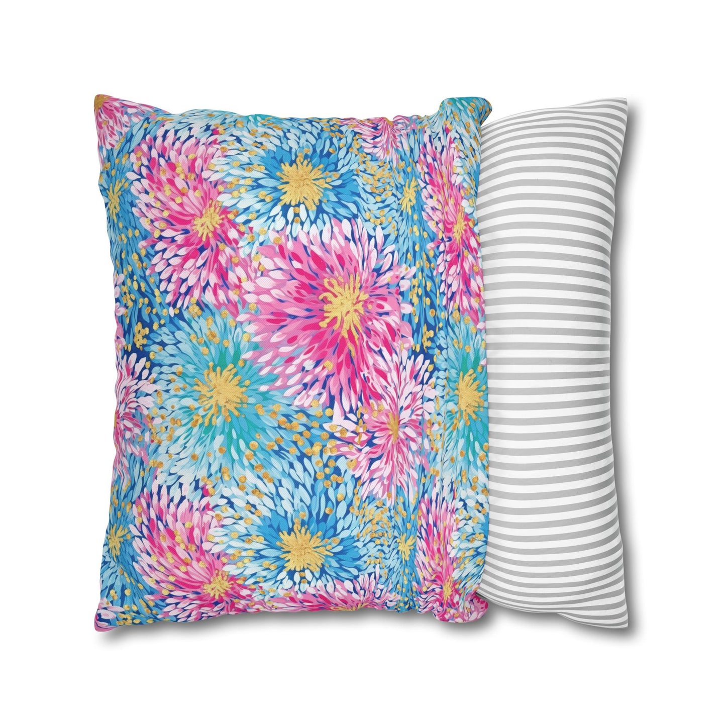 Pastel Harmony: Watercolor Chrysanthemums in Pink, Blue, and Yellow Spun Polyester Square Pillowcase 4 Sizes