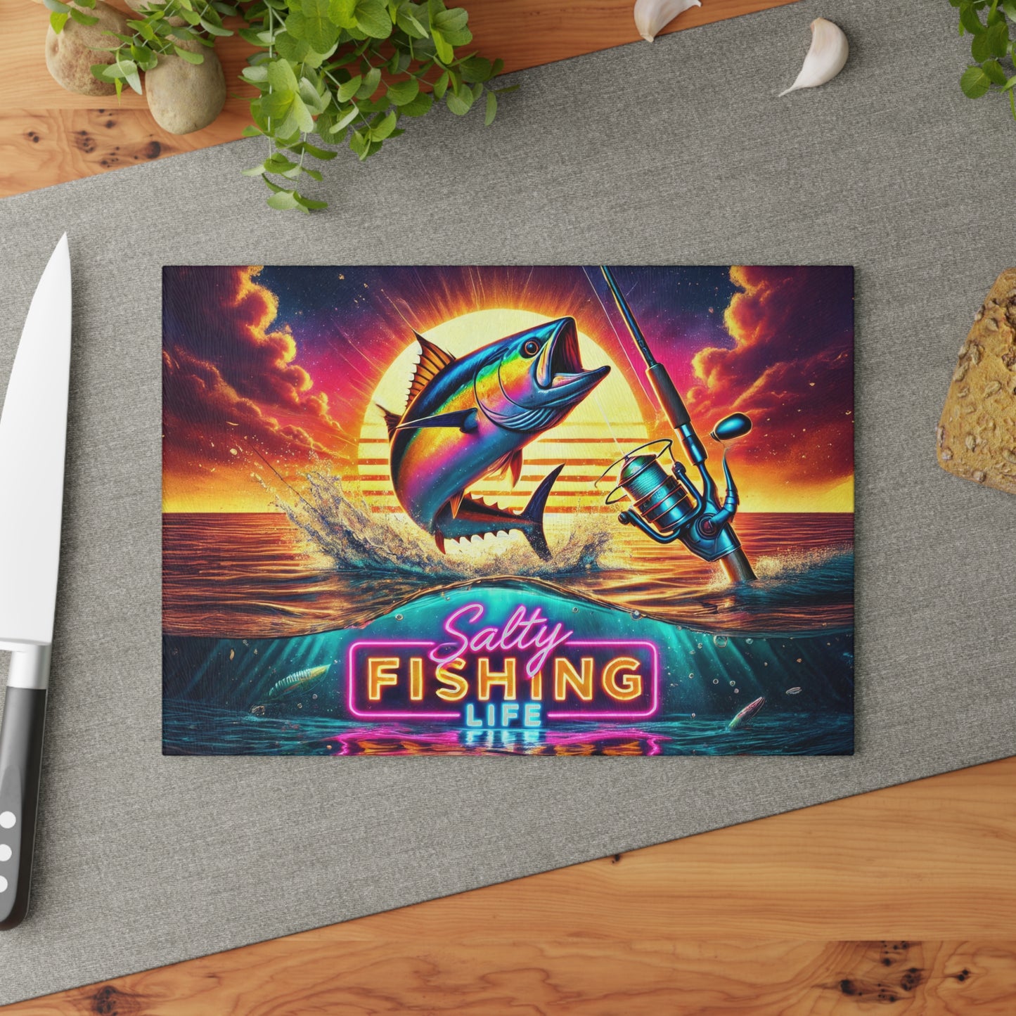 Salty Fishing Life, Sports Fishing Glass Cutting Board, Charcuterie Serving Tray 2 Sizes