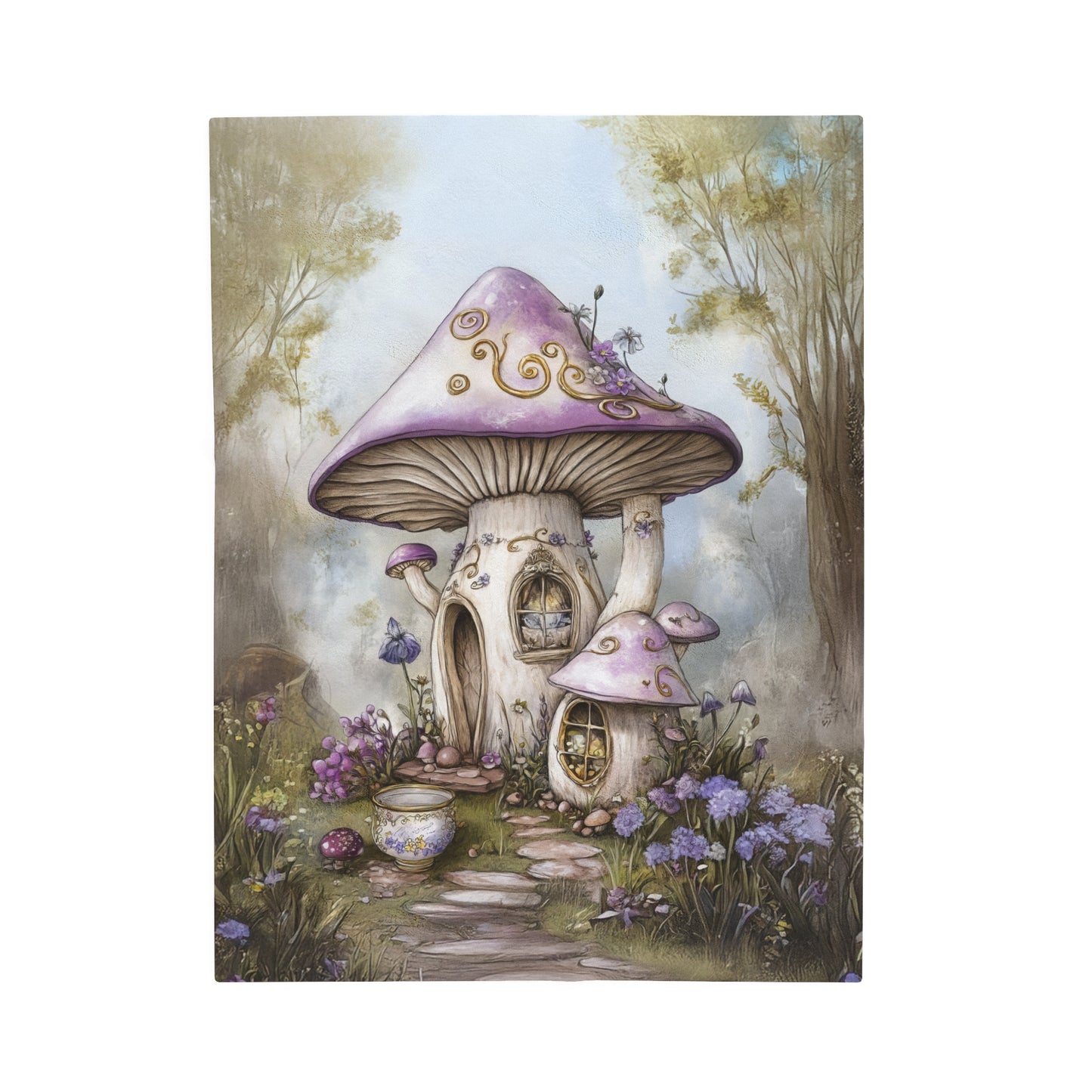 Lavender Mushroom Cottage Nestled in a Blooms of Enchantment Velveteen Plush Blanket 3 Sizes