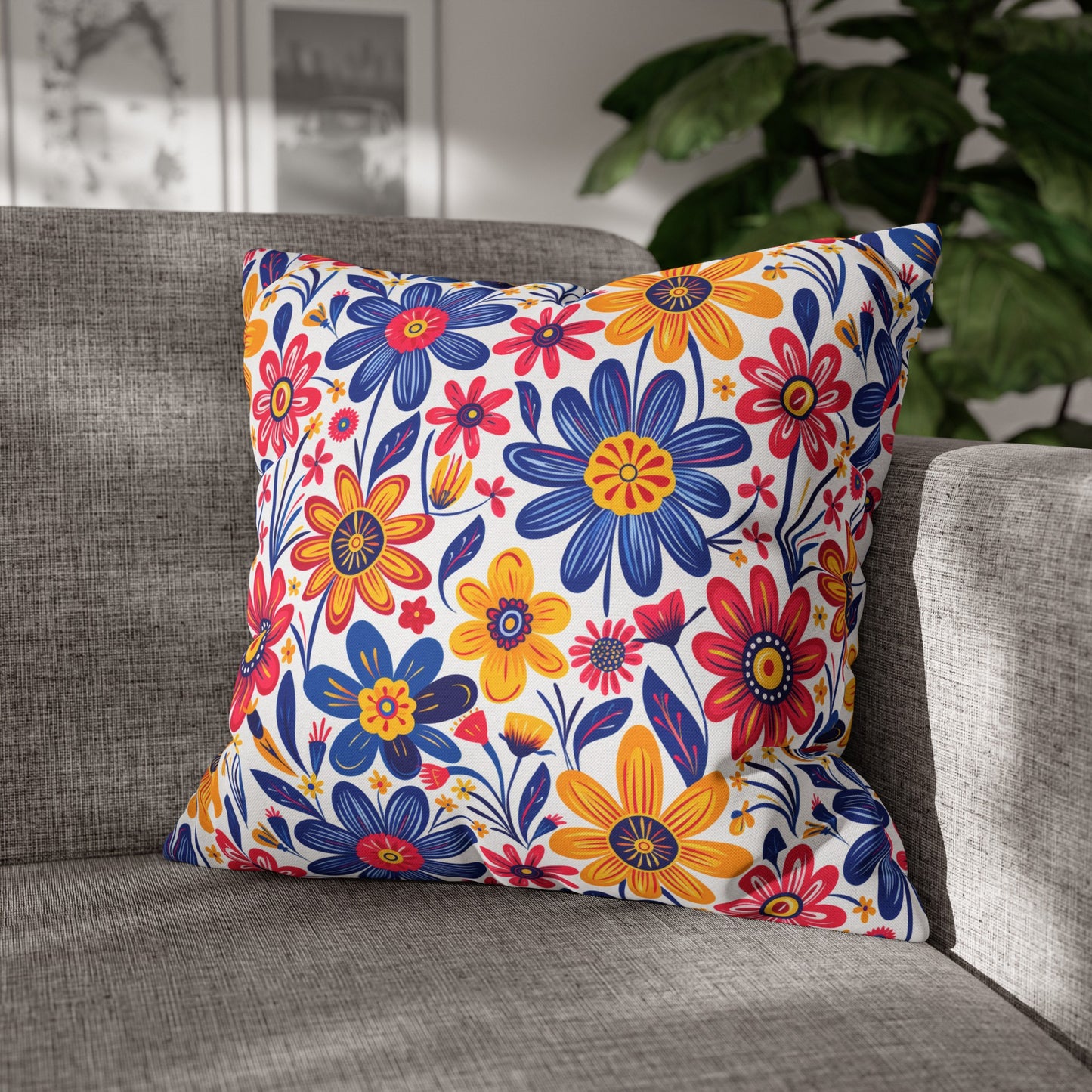 Vivid Blossom Bouquet: Large Hand-Drawn Spring Flowers Bursting with Vibrant Colors Spun Polyester Square Pillowcase 4 Sizes