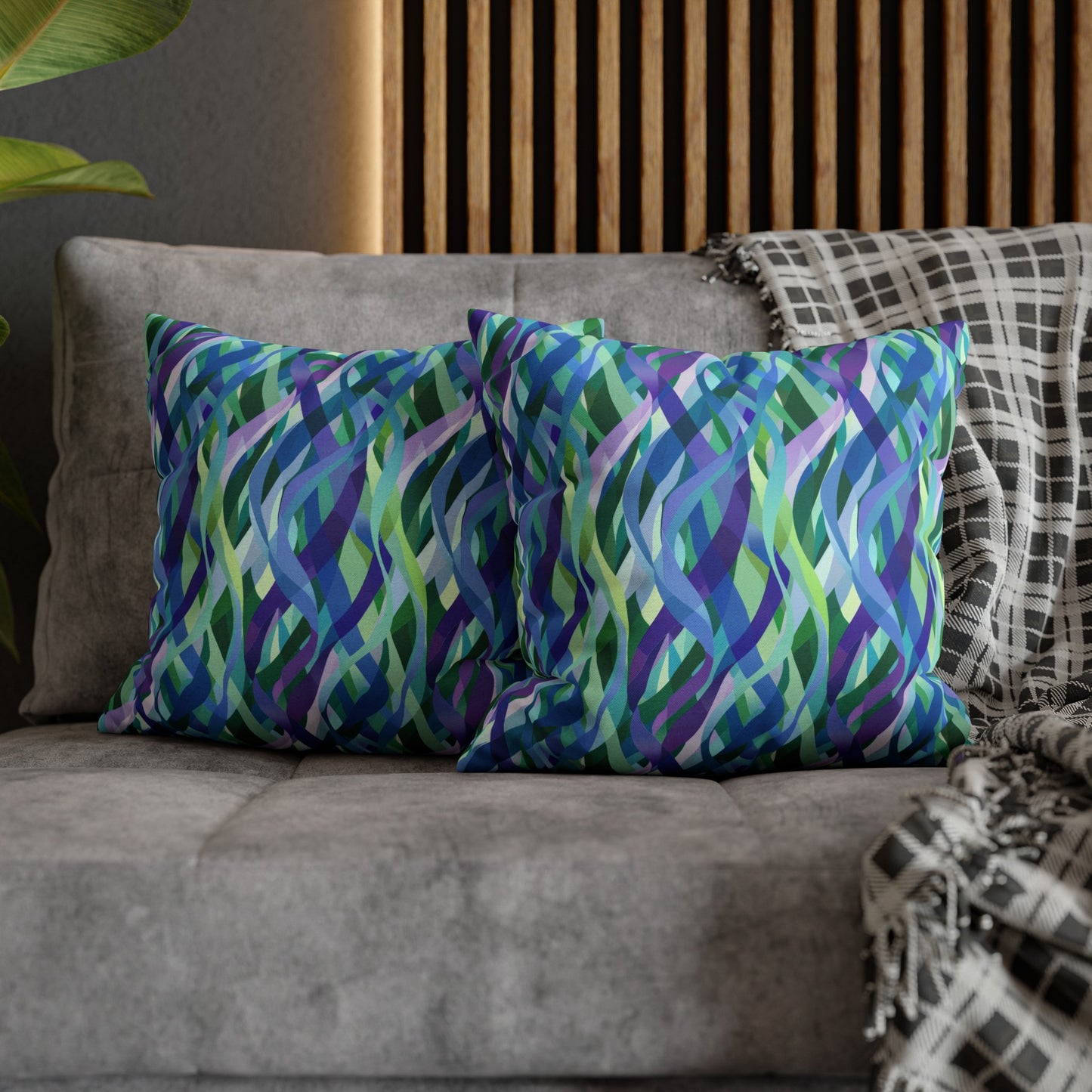 Vibrant Purple Blue and Green Ribbons Spun Polyester Square Pillowcase 4 Sizes