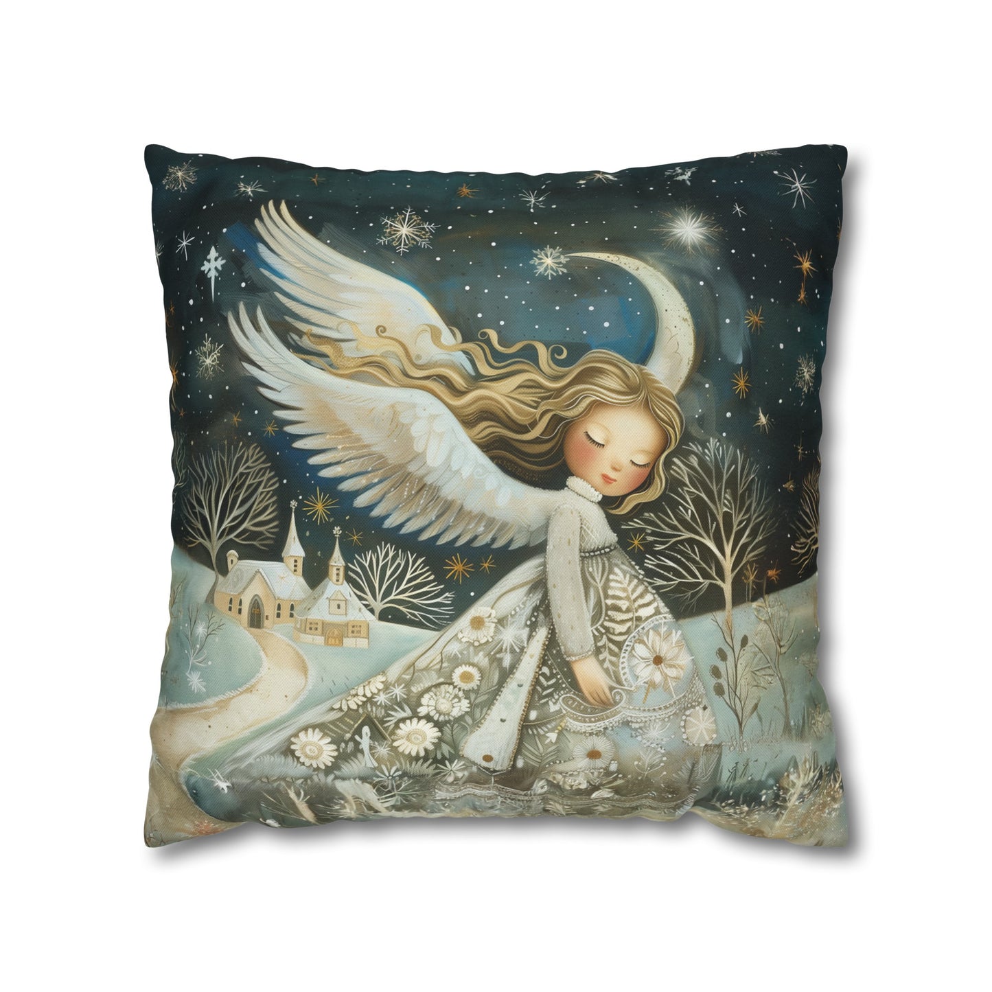 Guardian of Bloom: Young Angel in Floral Dress Amidst a Quaint Village Spun Polyester Square Pillowcase 4 Sizes