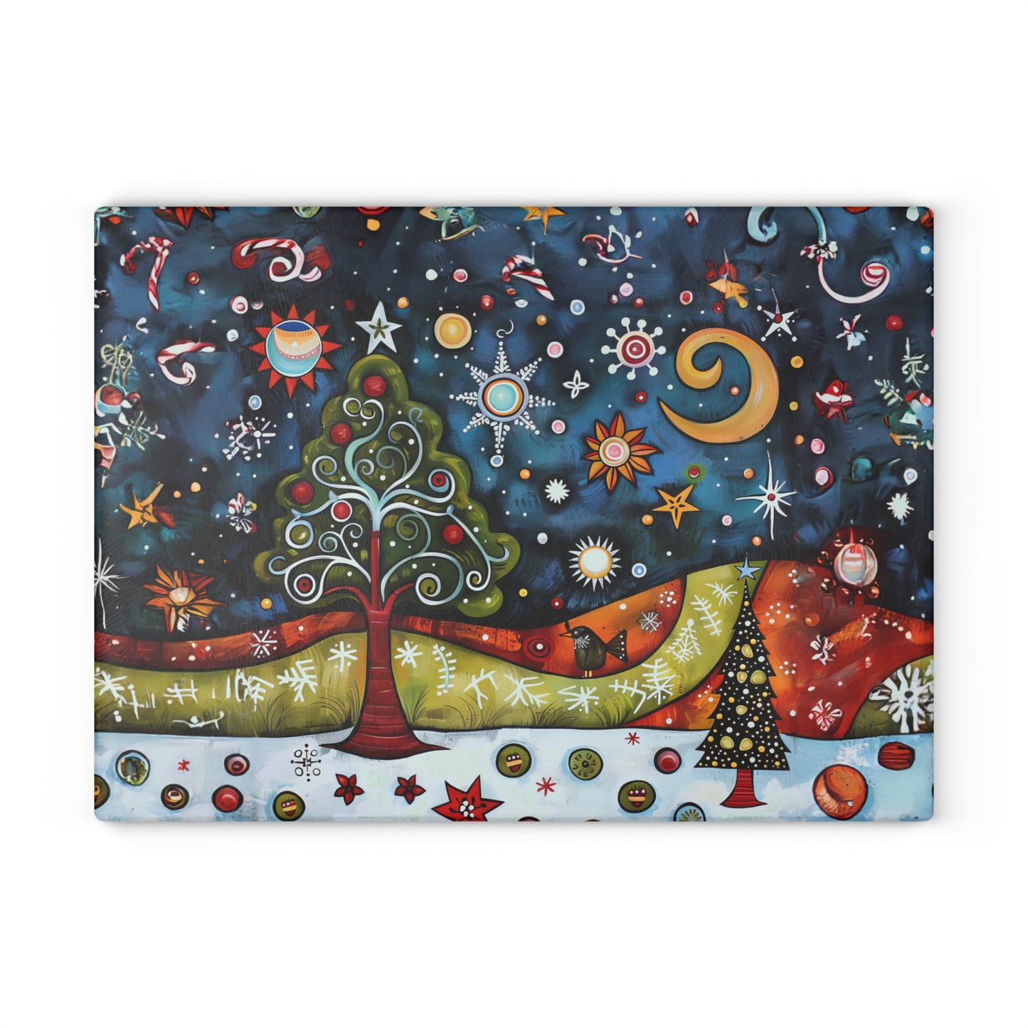 Whimsical Winter Village: Abstract Folk Art Christmas Scene Glass Cutting Board 2 Sizes