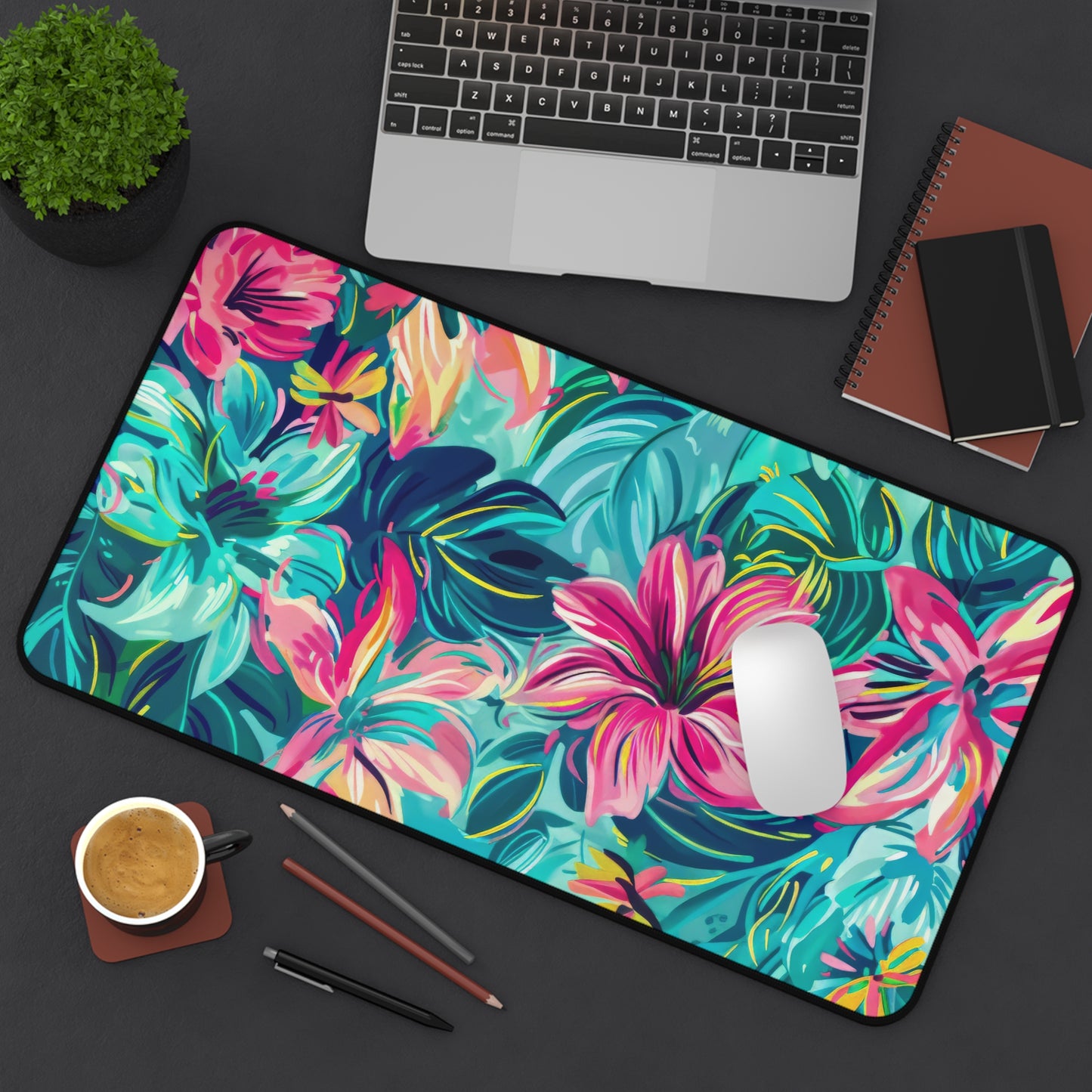 Tropical Garden Lush, Overlapping Flowers in a Dance of Vivid Pinks, Blues, and Yellows Extended Gaming Mouse Pad  Desk Mat  - 3 Sizes