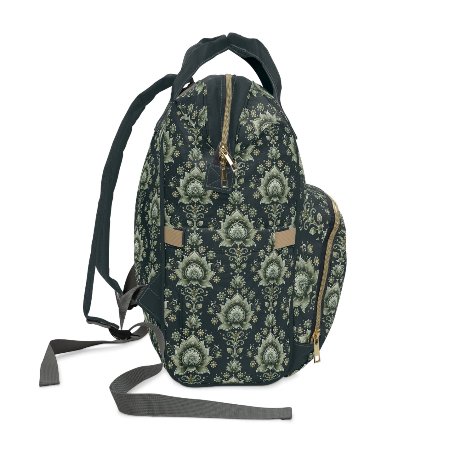 Ornate Green Mandala with Golden Accents on Dark Background Multifunctional Diaper Backpack