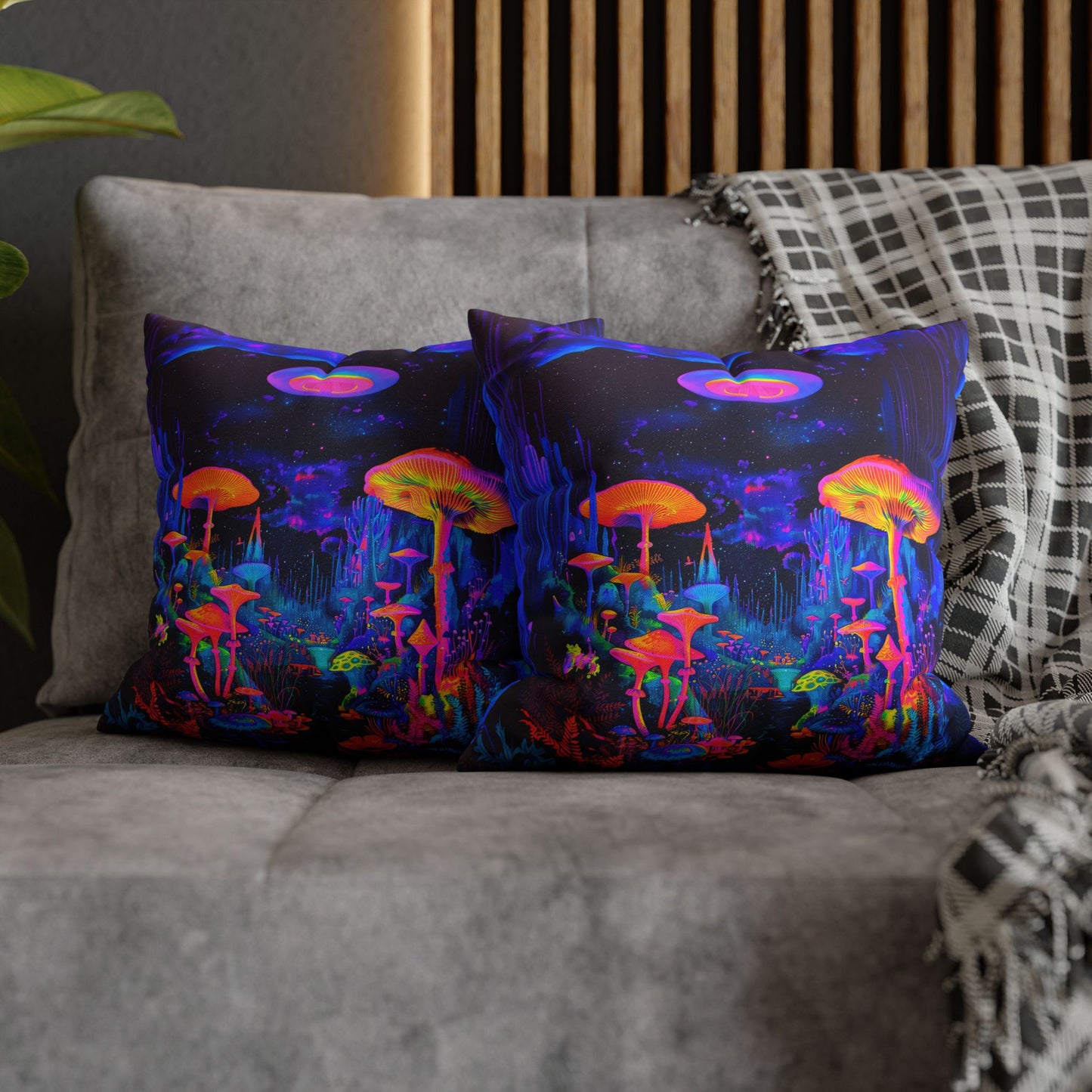 Vibrant Psychedelic Fantasy Neon Mushroom Forest Landscape Spun Polyester Square Pillowcase 4 Sizes