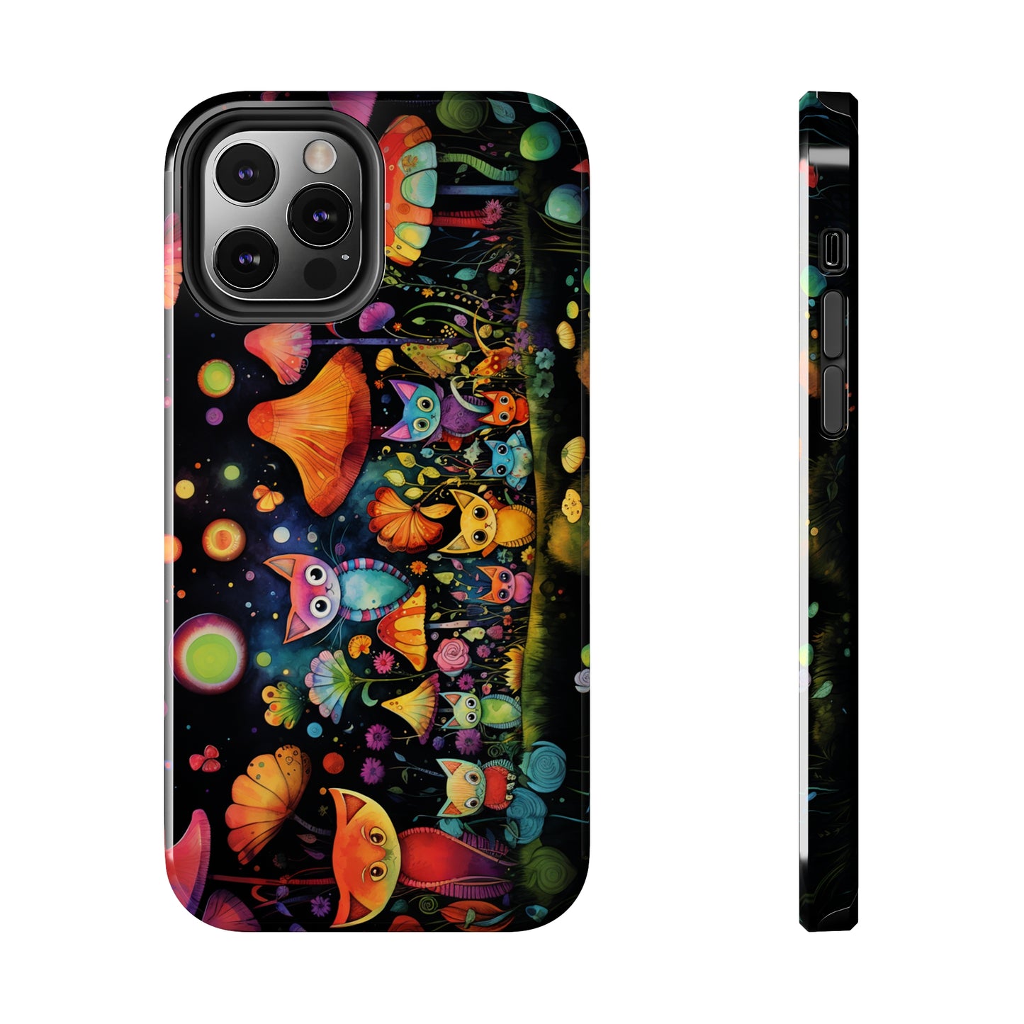 Mystical Cats Amidst a Garden of Flowers and Mushrooms, Beneath a Starry Sky Iphone Tough Phone Case