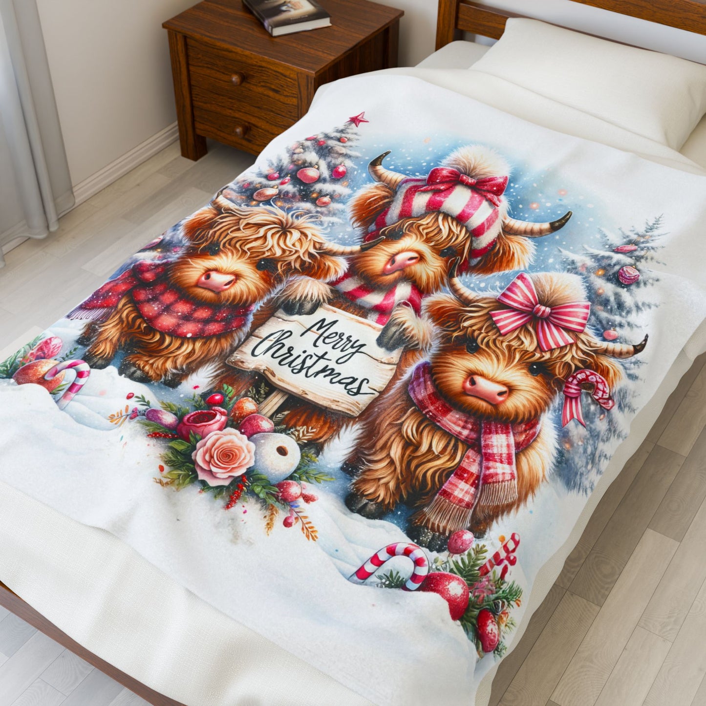 Baby Highland Cows Merry Christmas Peppermint Holiday Velveteen Plush Blanket 3 Sizes