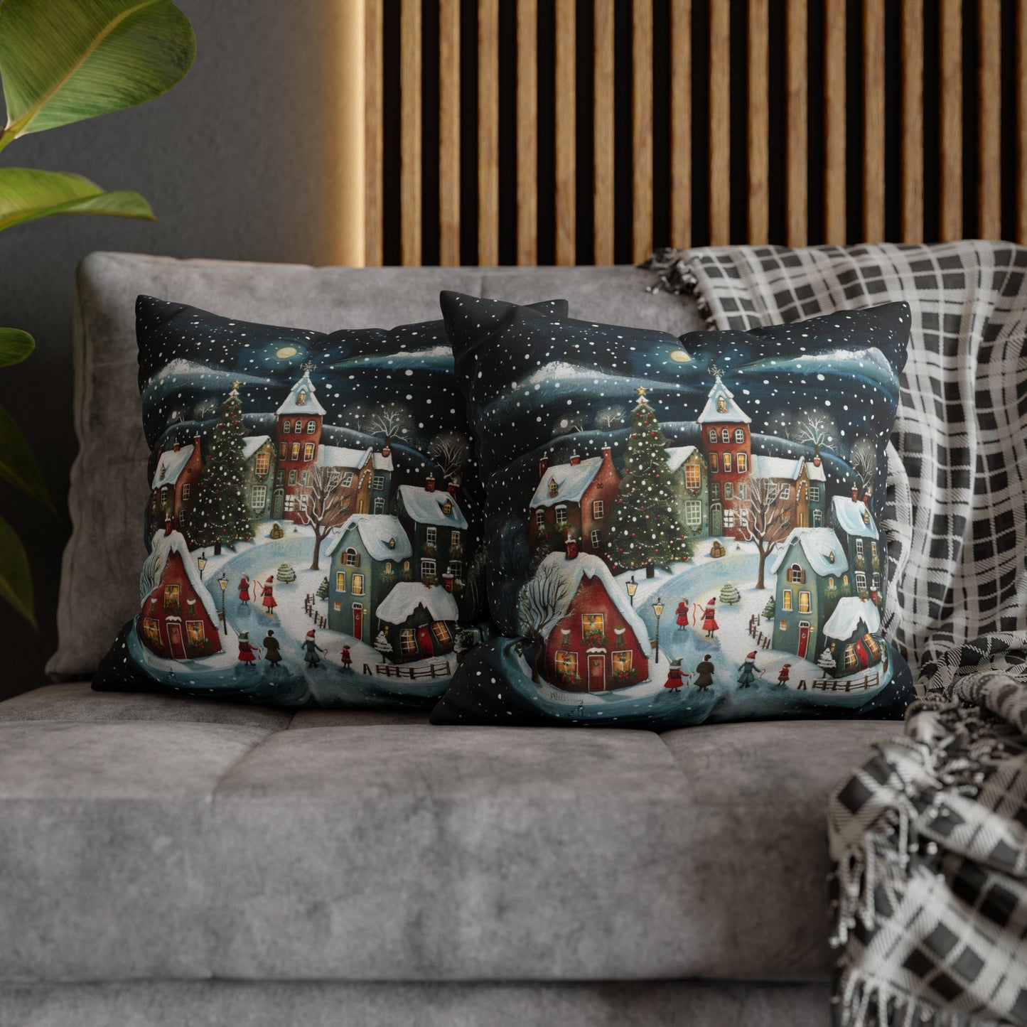 Midnight Magic: Winter Town Aglow with Christmas Decorations and Tree Spun Polyester Square Pillowcase 4 Sizes