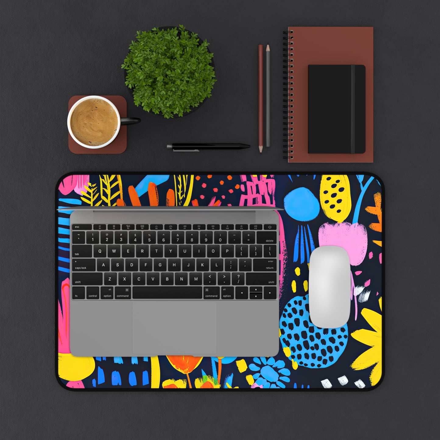 Abstract Floral Delight: Pink, Blue, and Yellow Blossoms Desk Mat Extended Gaming Mouse Pad - 3 Sizes