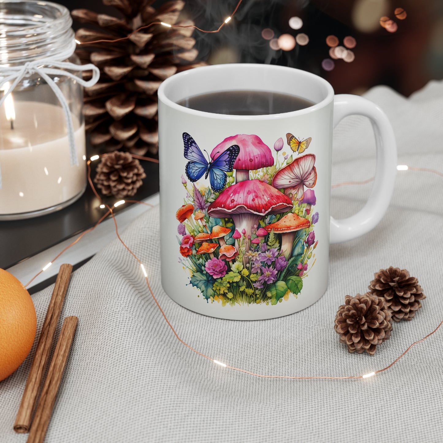 Magical Mushroom Oasis Where Flowers Bloom Amongst Butterflies  - 11 oz Coffee