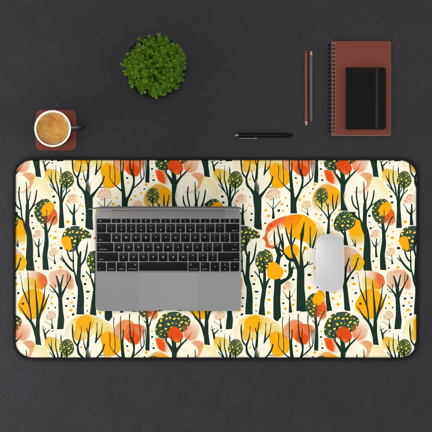 Enchanted Forest of Yellow and Orange Trees on a Speckled Cream Background Extended Gaming Mouse Pad Desk Mat - 3 Sizes