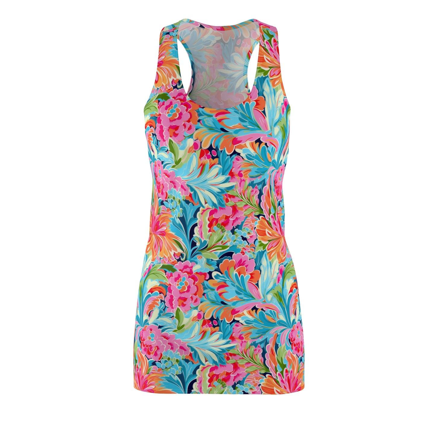 Tropical Radiance: Bursting Summer Blooms in Teal, Orange, and Pink Women's Racerback Dress XS - 2XL