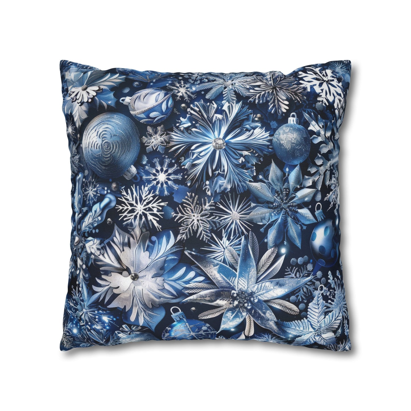 Winter Wonderland Festive Blue and Silver Snowflakes and Ornaments Spun Polyester Square Pillowcase 4 Sizes