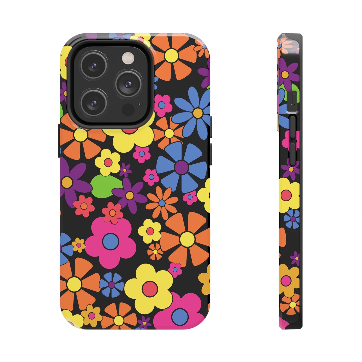 Flower Power Design on Black Background Iphone Tough Phone Case