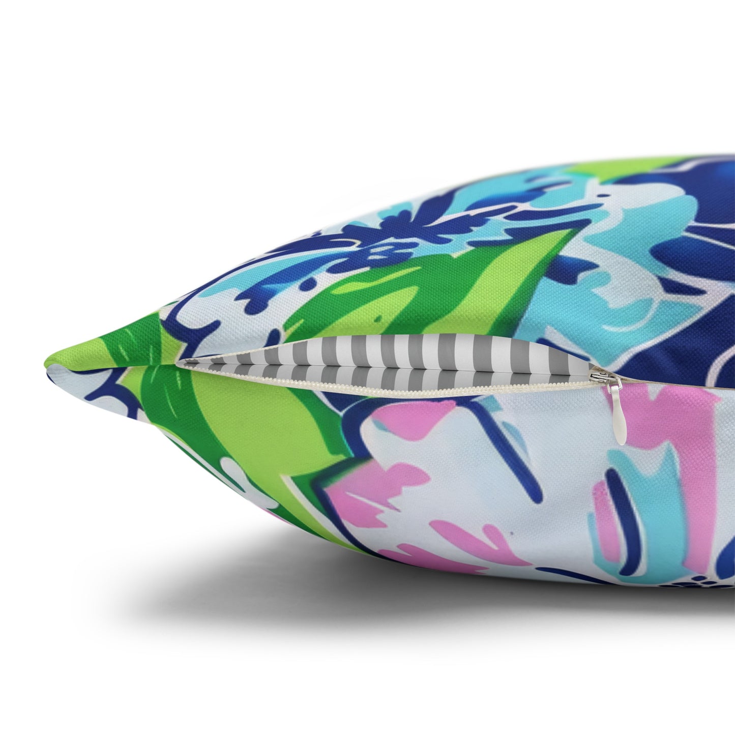 Seaside Coastal Pink, Navy, and Green Tropical Blooms Spun Polyester Square Pillowcase 4 Sizes