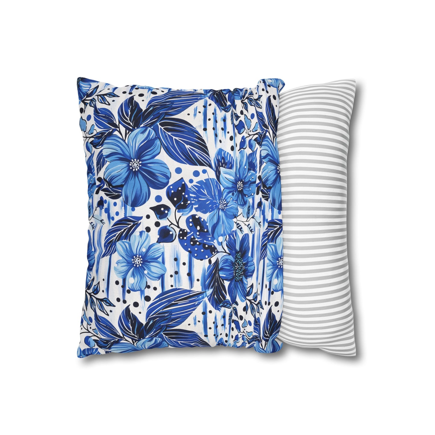 Floral Symphony in Shades of Blue, Harmonized with Abstract Lines Spun Polyester Square Pillowcase 4 Sizes