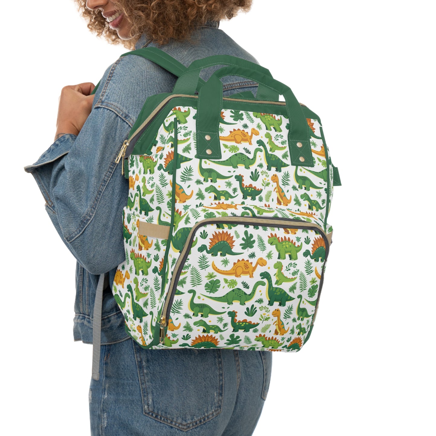 Jurassic Joy: Playful Dinosaurs in Lush Greens and Deep Golds Multifunctional Diaper Backpack