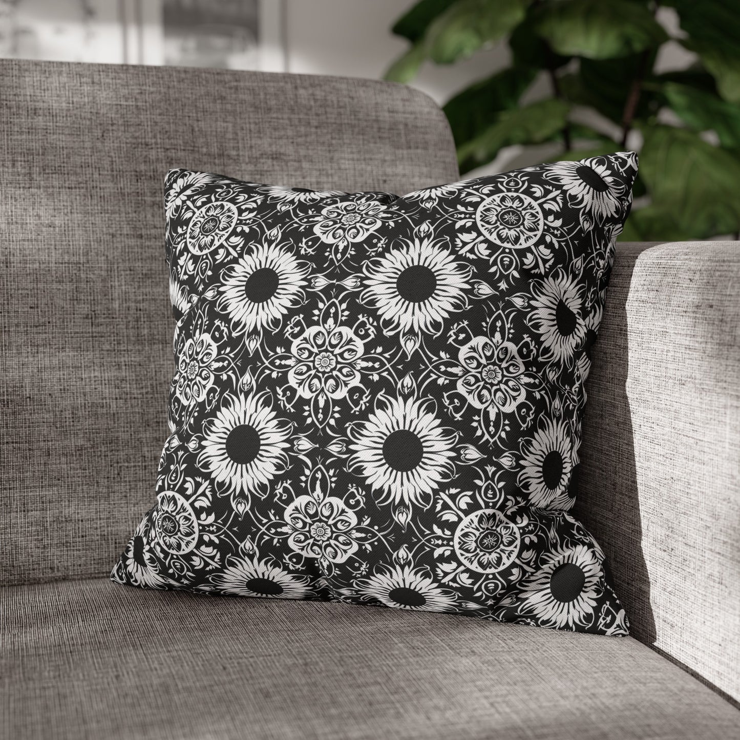 Elegant Mandala Design with Black and White Sunflowers Spun Polyester Square Pillowcase 4 Sizes