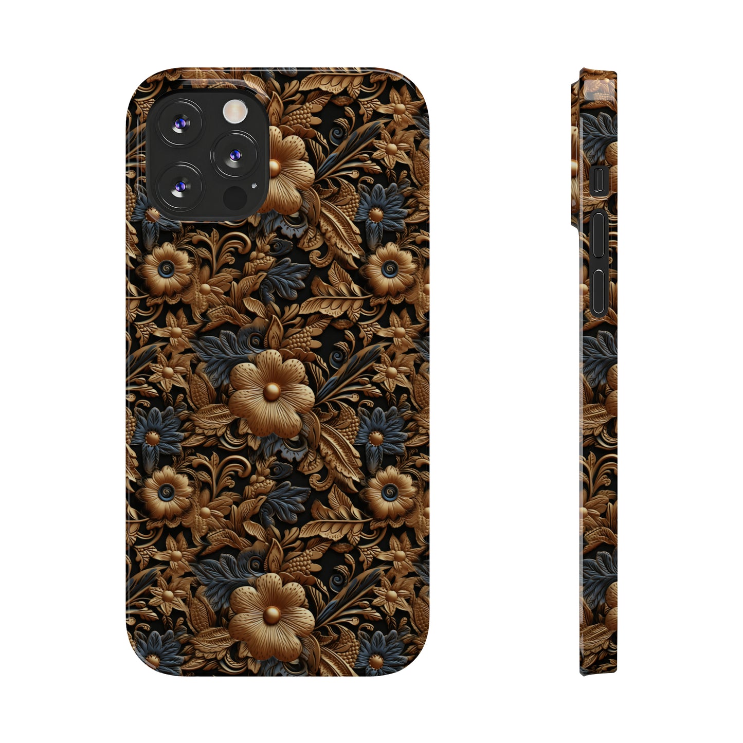 Tooled Leather Gold Flowers with Blue Leaves Accent Print Design Iphone 15-12 Slim Phone Case