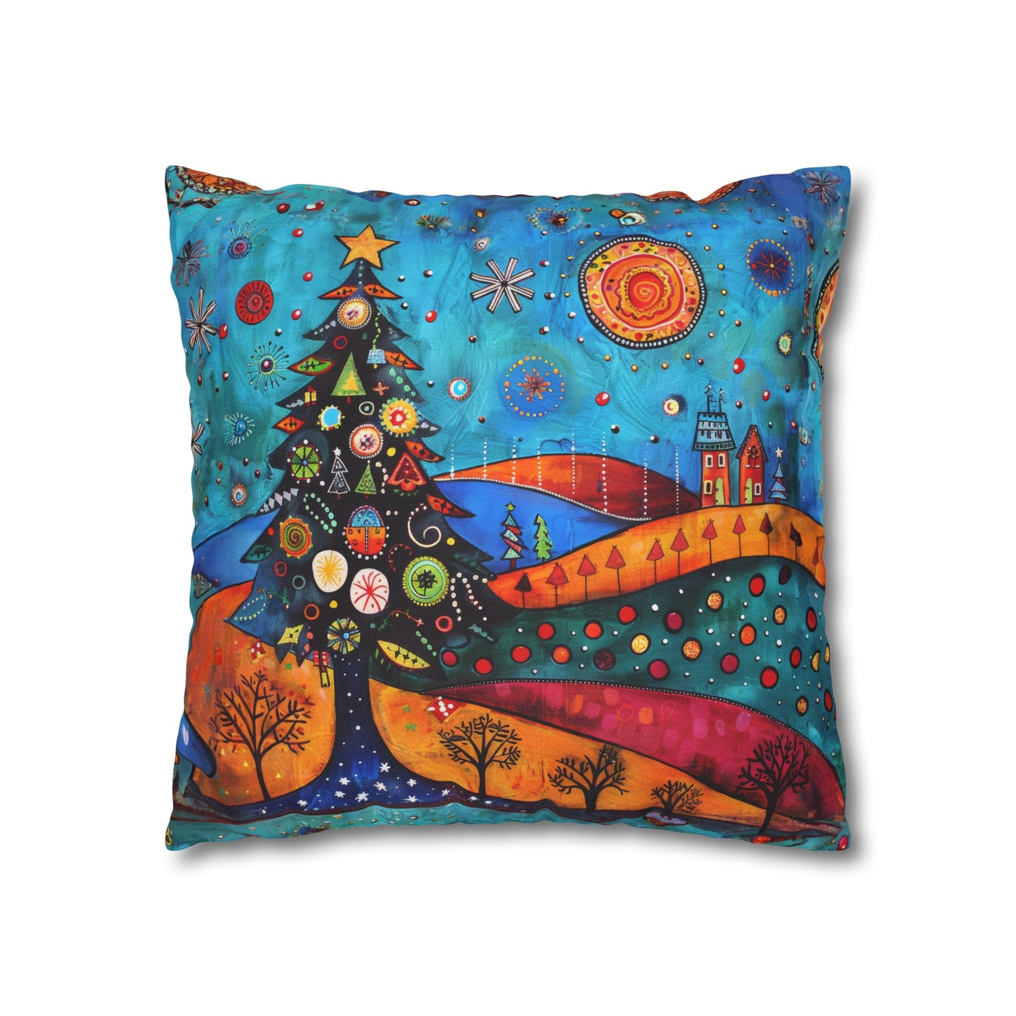 Folk Art Christmas Tree Nestled Amidst Rolling Hills Spun Polyester Square Pillowcase 4 Sizes