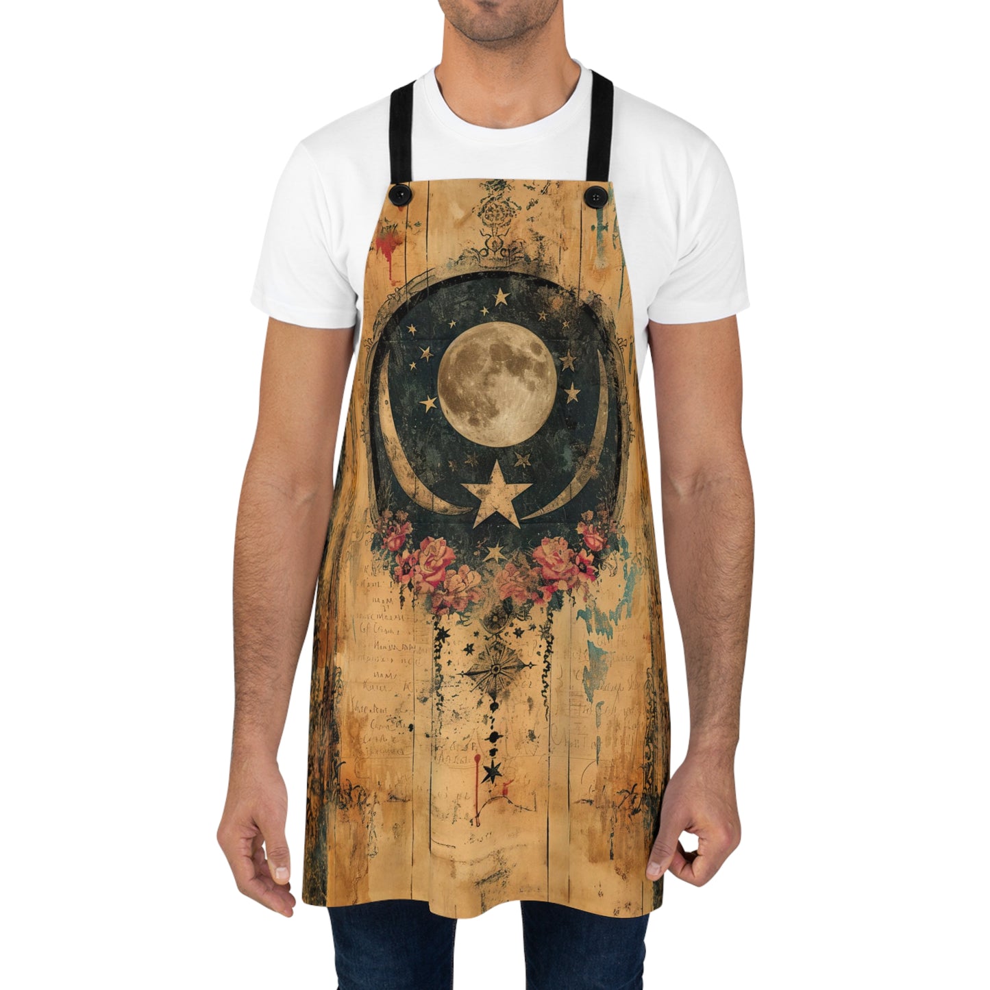 Mystical Vintage Celestial Full Moon Stars and Flowers Kitchen Chef Apron