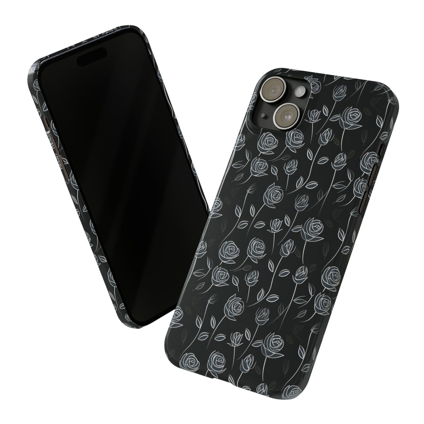 Contrasting Elegance: White Outlined Roses on a Black Background Iphone 15-12 Slim Phone Case