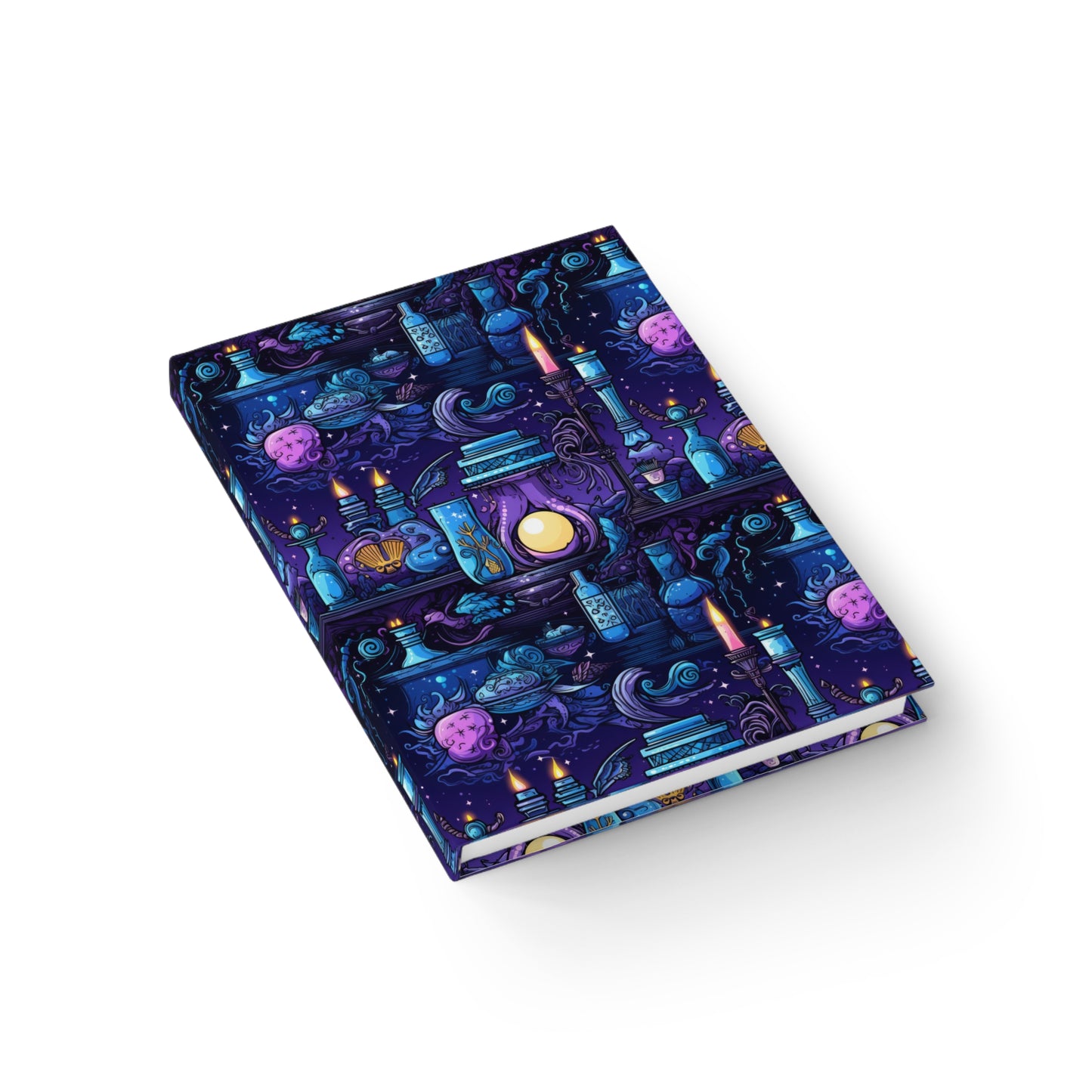 Mystical Brews and Enchantments: Purple and Blue Glowing Candles Set the Scene - Hardcover Ruled Line Journal 5" x 7"