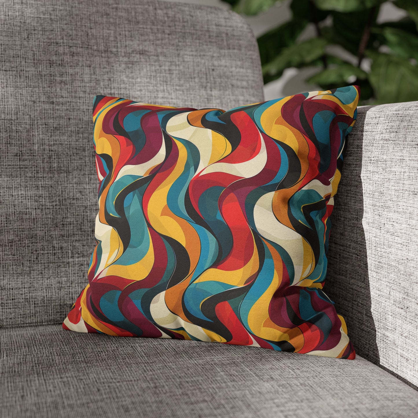 Retro Chic Vintage Blues, Reds and Yellow Waves Spun Polyester Square Pillowcase 4 Sizes