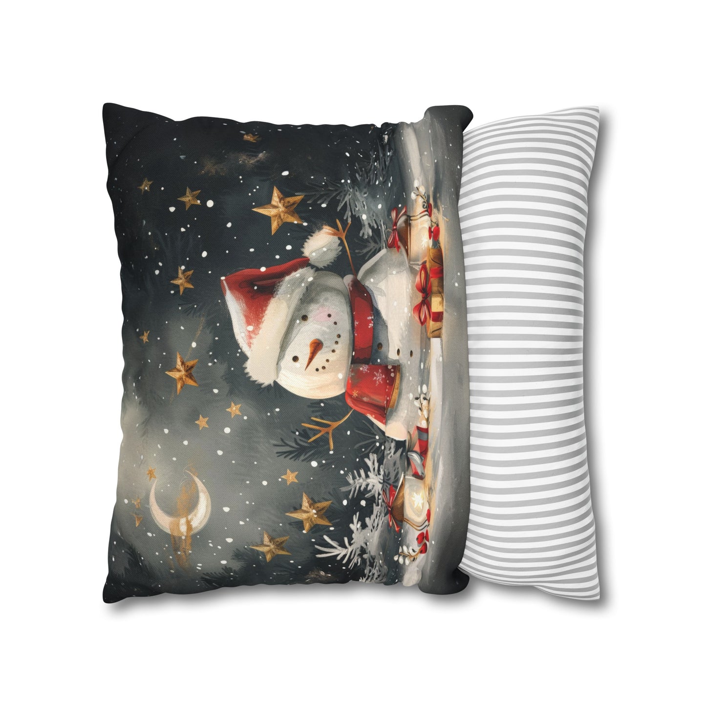 Snowman Beneath a Canopy of Stars, Surrounded by Presents Spun Polyester Square Pillowcase 4 Sizes